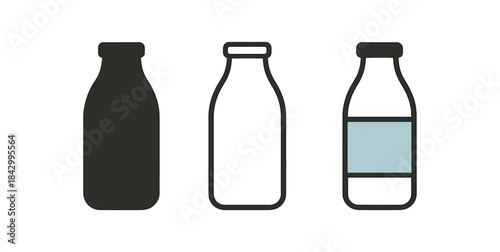 bottle of milk icons three milk bottle silhouettes one flat solid monochrome one thin black outline black and white one full color flat icon white with light blue label