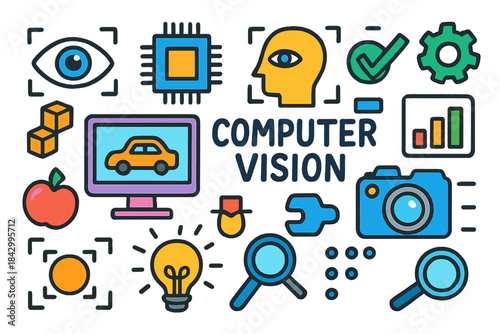 Computer vision flat icon set. featuring eye, cpu, head, checkmark, gears, cube, car, camera, apple, graph, sun, bulb, magnifying glass, wrench, dots