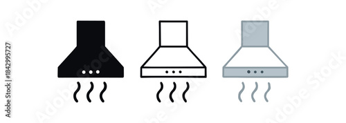 kitchen hood icons three range hood icons one flat solid monochrome one thin black outline black and white one full color flat icon silver and white