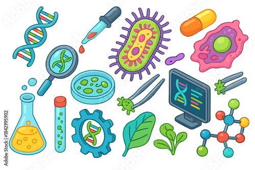Science and biology flat icons set. featuring dna, microscope, bacteria, lab equipment, molecule, leaf, and cell