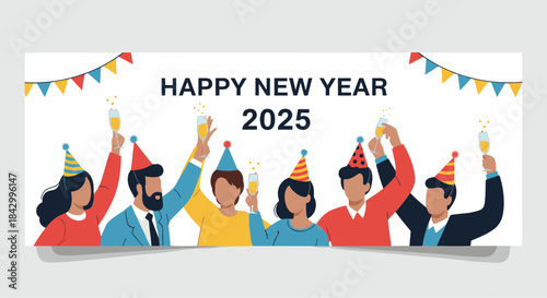Festive banner wishing a "Happy New Year 2025" with a joyful group of diverse people in party hats toasting with champagne glasses.