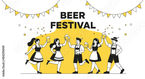 Lively banner for a "Beer Festival" depicting a group of joyous people in traditional attire, dancing and toasting with beer steins.