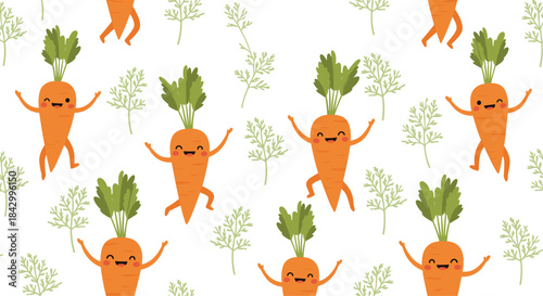 Whimsical and cheerful seamless pattern featuring adorable cartoon carrots with happy faces, playfully dancing amidst delicate carrot tops.