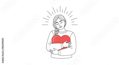Tender illustration of a serene woman gently embracing a large red heart, radiating self-love, peace, and inner happiness.