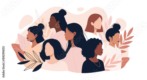 Empowering illustration showcasing a diverse group of women with varying hairstyles and skin tones, surrounded by soft, organic leaf shapes.