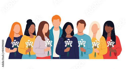 Harmonious gathering of diverse men and women of various ethnicities, each holding small bouquets of white flowers, signifying unity.