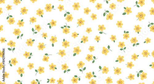 Charming seamless pattern adorned with numerous small, simple yellow flowers and tiny green leaves, creating a fresh and cheerful aesthetic.