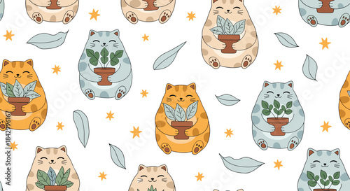Adorable seamless pattern featuring plump, happy cartoon cats holding potted green plants, surrounded by whimsical leaves and sparkling stars.