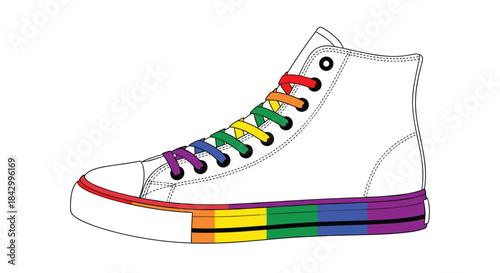 Stylish high-top sneaker adorned with vibrant rainbow-colored laces and a matching rainbow stripe along the sole, celebrating diversity.