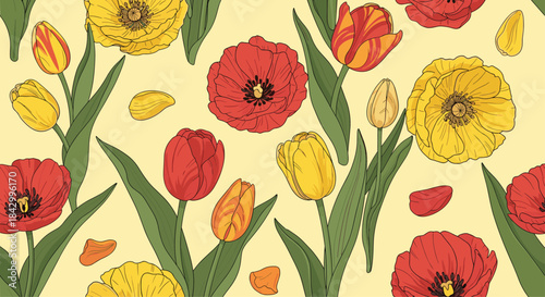 Lively seamless pattern showcasing an abundance of vibrant red and sunny yellow tulips and poppies with green stems, scattered petals, and a light background.