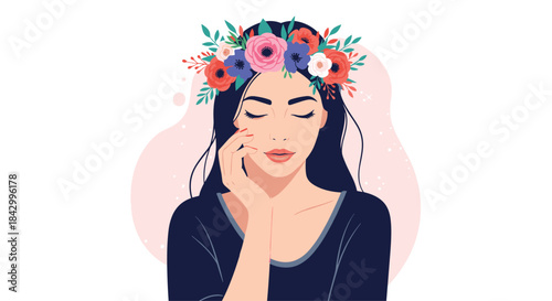 Beautiful illustration of a serene young woman with dark hair, wearing an exquisite floral crown, her eyes gently closed in peaceful contemplation.