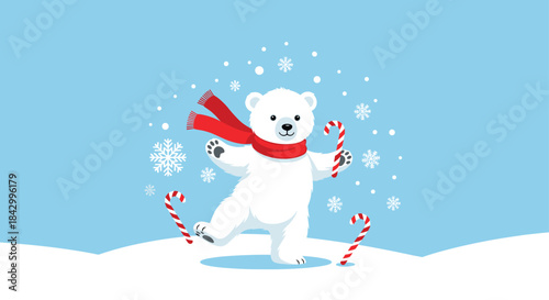 Charming illustration of a playful polar bear in a red scarf, happily dancing amidst falling snowflakes and holding two festive candy canes.