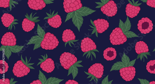 Lush seamless pattern showcasing a scattering of vibrant pink raspberries with fresh green leaves, elegantly set against a deep, dark blue background.