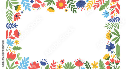 Vibrant and cheerful rectangular frame composed of an array of colorful, stylized flowers and diverse green leaves, offering a lively border.