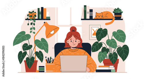 Cozy illustration of a young woman happily working on her laptop at a desk, surrounded by numerous lush houseplants, creating a comfortable home office.