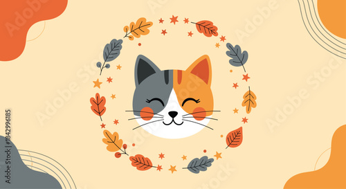 Adorable illustration of a cute, smiling cat face framed by a charming wreath of autumnal leaves and stars, set on a warm, abstract background.