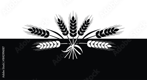 Striking monochrome illustration featuring a stylized arrangement of wheat ears and leaves, set against a contrasting black and white background.