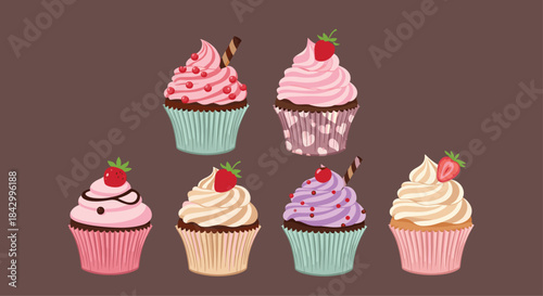 Delicious collection of seven charmingly decorated cupcakes, featuring various pastel frosting colors, sprinkles, wafers, and fresh strawberries.