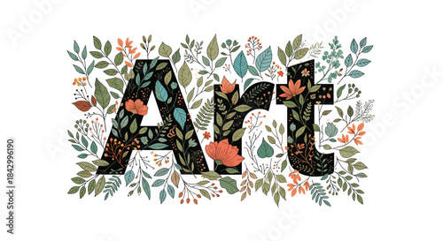 Creative typography design spelling the word "Art" with each letter intricately filled and surrounded by lush, colorful floral and leaf patterns.