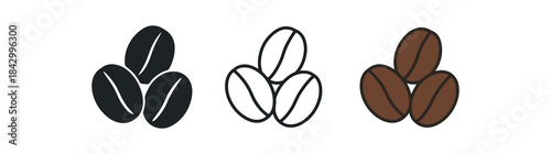 coffee beans icons three cluster of coffee beans icons one flat solid monochrome one thin black outline black and white one full color flat icon dark brown