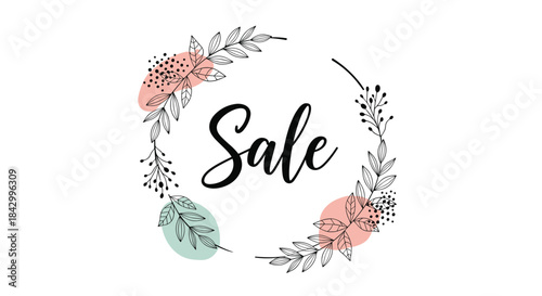 Elegant "Sale" text in a stylish script, beautifully framed by a delicate botanical wreath of leaves and tiny berries, with soft abstract pastel shapes.