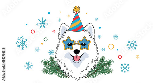 Adorable Samoyed dog celebrating, wearing a colorful party hat and funny star-shaped sunglasses, surrounded by festive pine branches and whimsical snowflakes, ready for winter holidays.