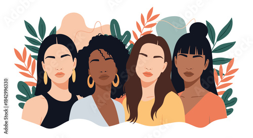 Stylish illustration of four diverse women with varied skin tones and hairstyles, portrayed in a modern minimalist style against an abstract botanical background.