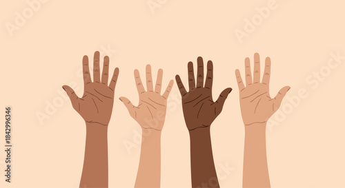 Powerful illustration featuring a row of diverse raised hands in various skin tones, symbolizing unity, support, community, and human connection.