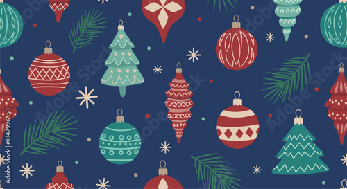Festive seamless pattern featuring an assortment of vintage-inspired Christmas ornaments, including baubles, trees, and icicles, intertwined with pine needles and snowflakes on a deep blue background.
