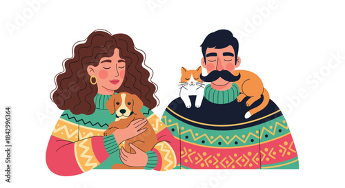 Charming illustration of a happy couple in festive sweaters, with the woman affectionately holding a cute puppy and the man having a playful cat on his shoulder, celebrating pet companionship.