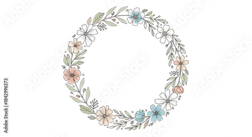 Delicate outline floral wreath adorned with various tiny flowers and leaves in subtle pastel colors, perfect for elegant designs.