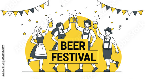 Lively "Beer Festival" banner with joyful people in traditional German attire celebrating and toasting with beer mugs.