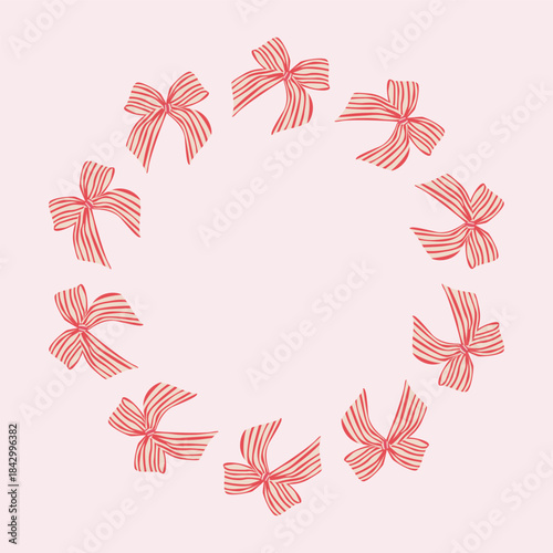 A round frame made of pink bows, drawn by hand. A delicate and subtle feminine romantic decorative frame for invitations, postcards, packaging, branding, and romantic design projects. Vector wreath.