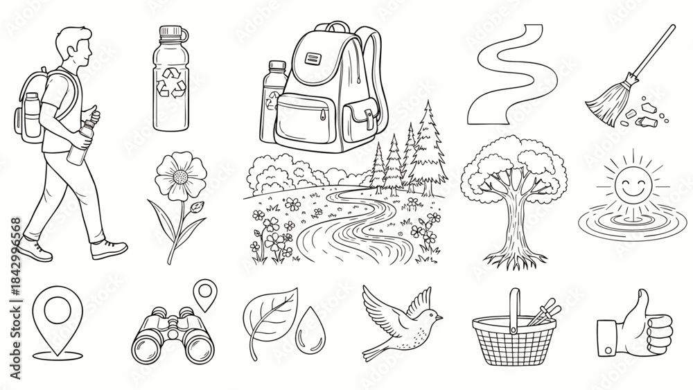 Obraz premium Illustrations depict outdoor activities like hiking and environmental appreciation with symbols for nature and exploration.