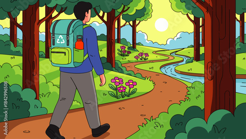 A person with a backpack walks along a winding path through a vibrant forest during a sunny day.
