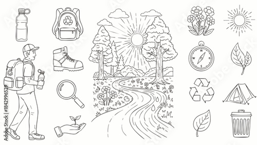 Illustrations of outdoor adventure gear and nature elements for eco-friendly exploration and environmental awareness.