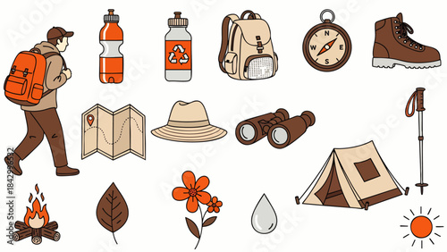Outdoor adventure gear and supplies for hiking and camping, including a backpack, tent, compass, and map.
