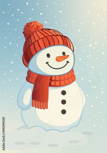 Happy snowman with a red knit hat and matching scarf, standing in a snowy field with soft falling snowflakes clipart