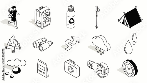 Collection of isometric icons representing outdoor adventure, camping, and survival essentials for active lifestyles.