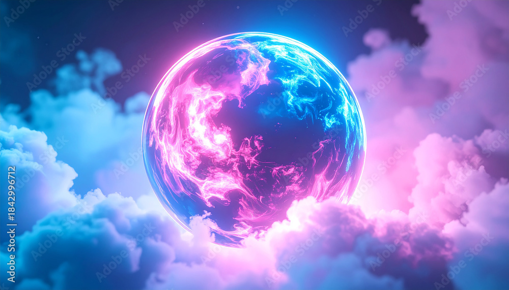 Obraz premium Glowing magical energy sphere, neon blue and pink colors, surrounded by soft fluffy clouds, mystical