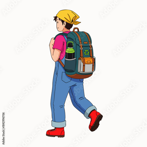 A spirited animated person, seen from the back, embarks on a journey, equipped with a large backpack, blue overalls, red boots, and a yellow bandana.