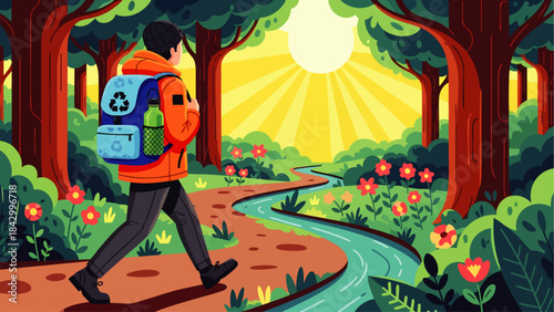 A person with a recycling backpack enjoys a peaceful hike through a lush, vibrant forest, following a winding path alongside a serene river under a bright sun.