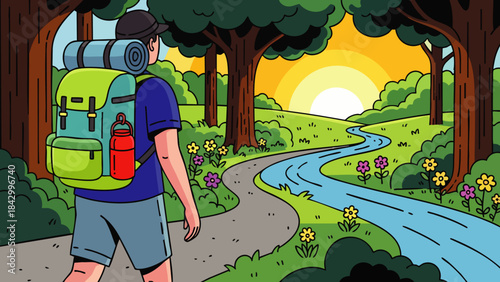 A lone adventurer with a large backpack walks along a winding path beside a tranquil river, heading towards a vibrant sunset amidst a lush natural landscape.
