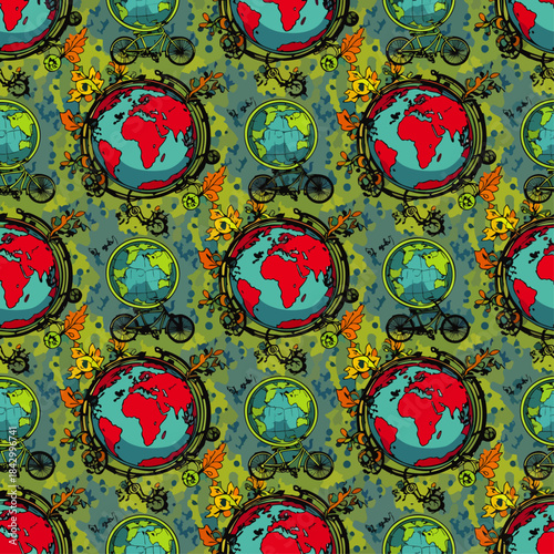 A vibrant seamless pattern showcasing stylized Earth globes, bicycles, and bees, representing global sustainability, eco-friendly travel, and environmental awareness.
