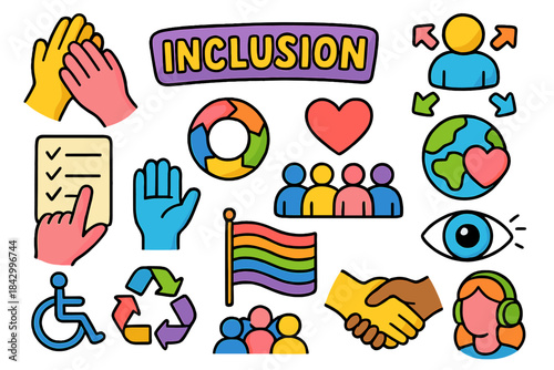 Inclusion theme flat icon set. featuring diversity, equality, handshake, heart, flag, and accessibility symbols