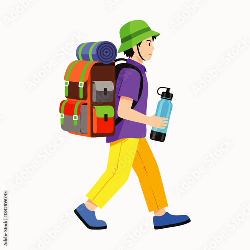 A lively illustration shows a young person in a green hat with a large backpack and water bottle, confidently walking, embodying outdoor exploration.