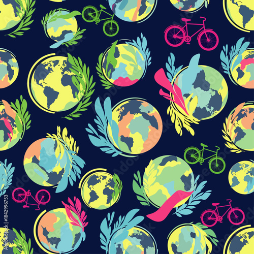A vibrant seamless pattern displays colorful Earth globes, bicycles, and abstract shapes on a deep blue background, symbolizing environmental awareness and sustainability.