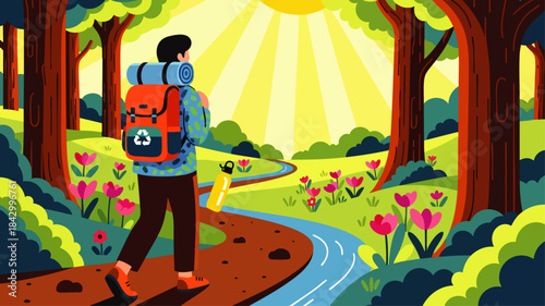 A person with a recycling symbol backpack hikes a winding path through a vibrant, sunlit forest, embodying sustainable adventure.