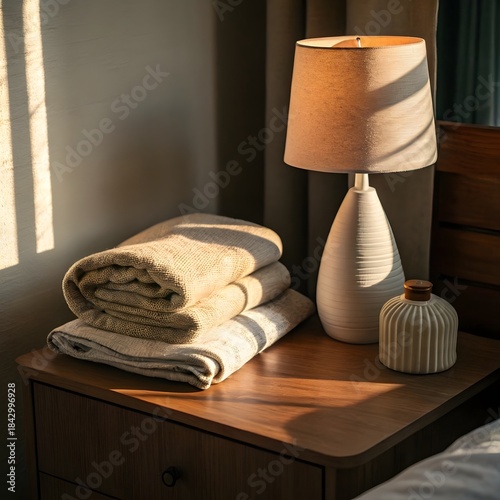 Minimal Bedside Table with Lamp and Linens