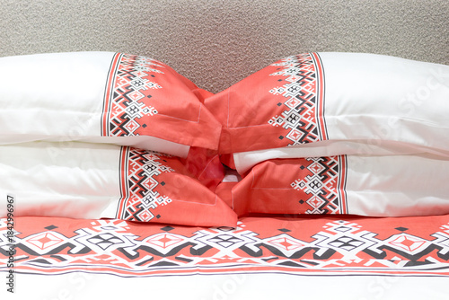 bed linen with ethnic pattern. pillows for home decoration.